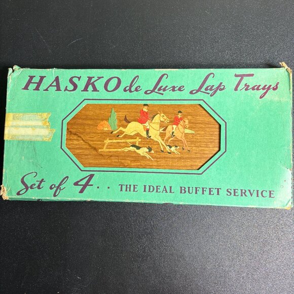 Vintage Set of 4 Buffet Trays Polo Fox Hunt Style Hasko de Lux Lap Trays w Box - Picture 5 of 8